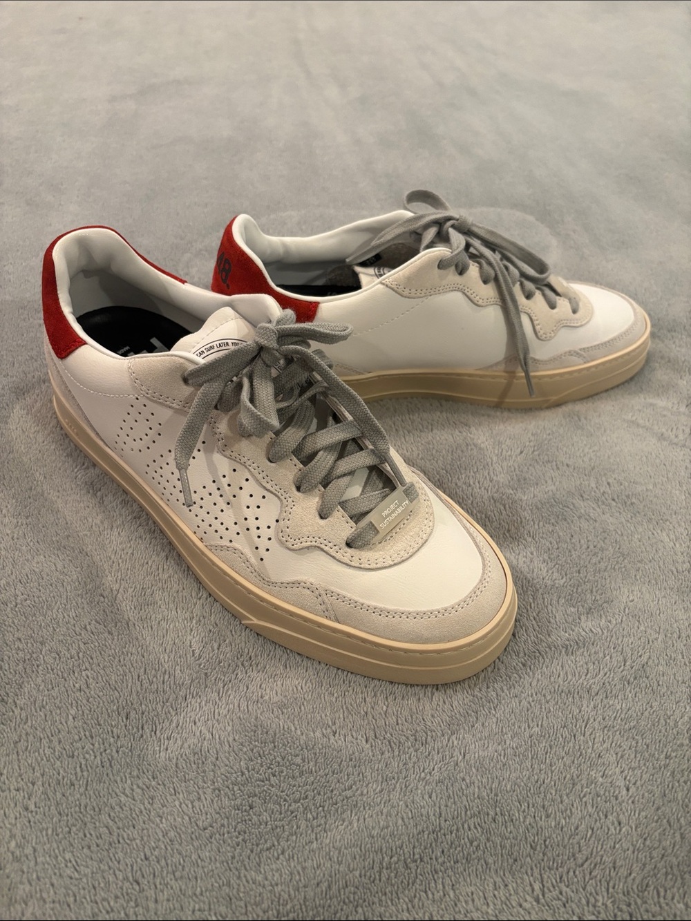 P448 White & Gray Ladies Casual Sneakers with Red Heel Accent